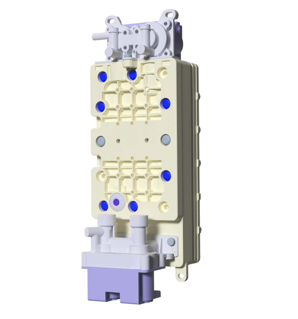 Tyent Hybrid water cell component render showing internal flow ports and electrolysis plate housing

