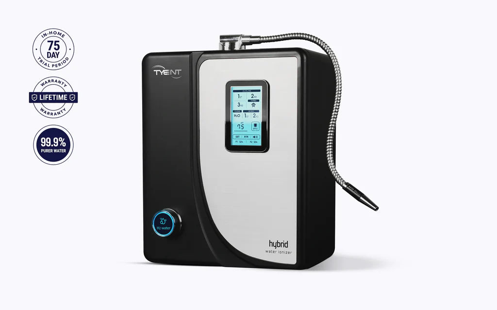 Tyent Hybrid water ionizer hero image with trial, warranty, and pure water badges
