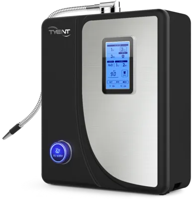 Tyent Hybrid water ionizer side view with flexible stainless hose and compact countertop design
