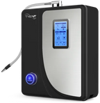 Tyent Hybrid water ionizer side view with flexible stainless hose and compact countertop design
