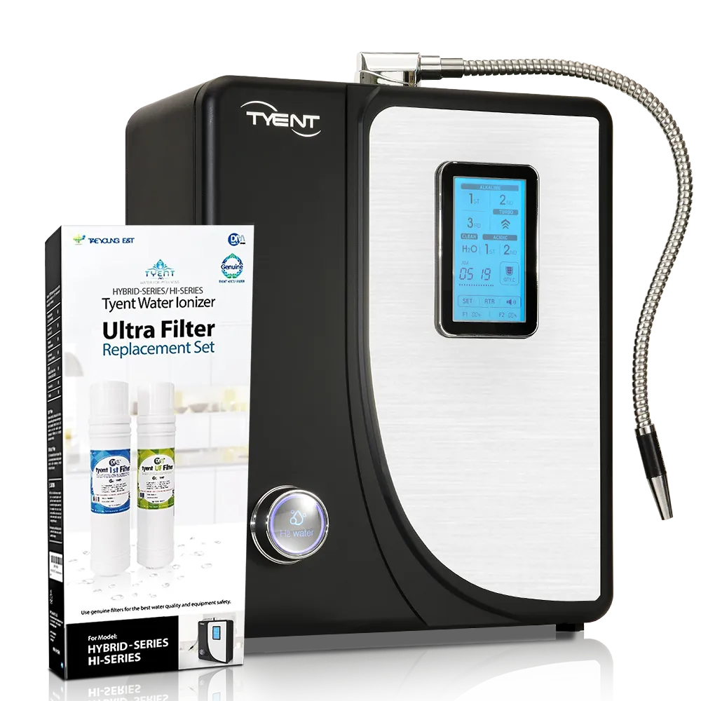 Tyent Hybrid water ionizer shown with Ultra Filter replacement set box for Hybrid-Series and HI-Series models