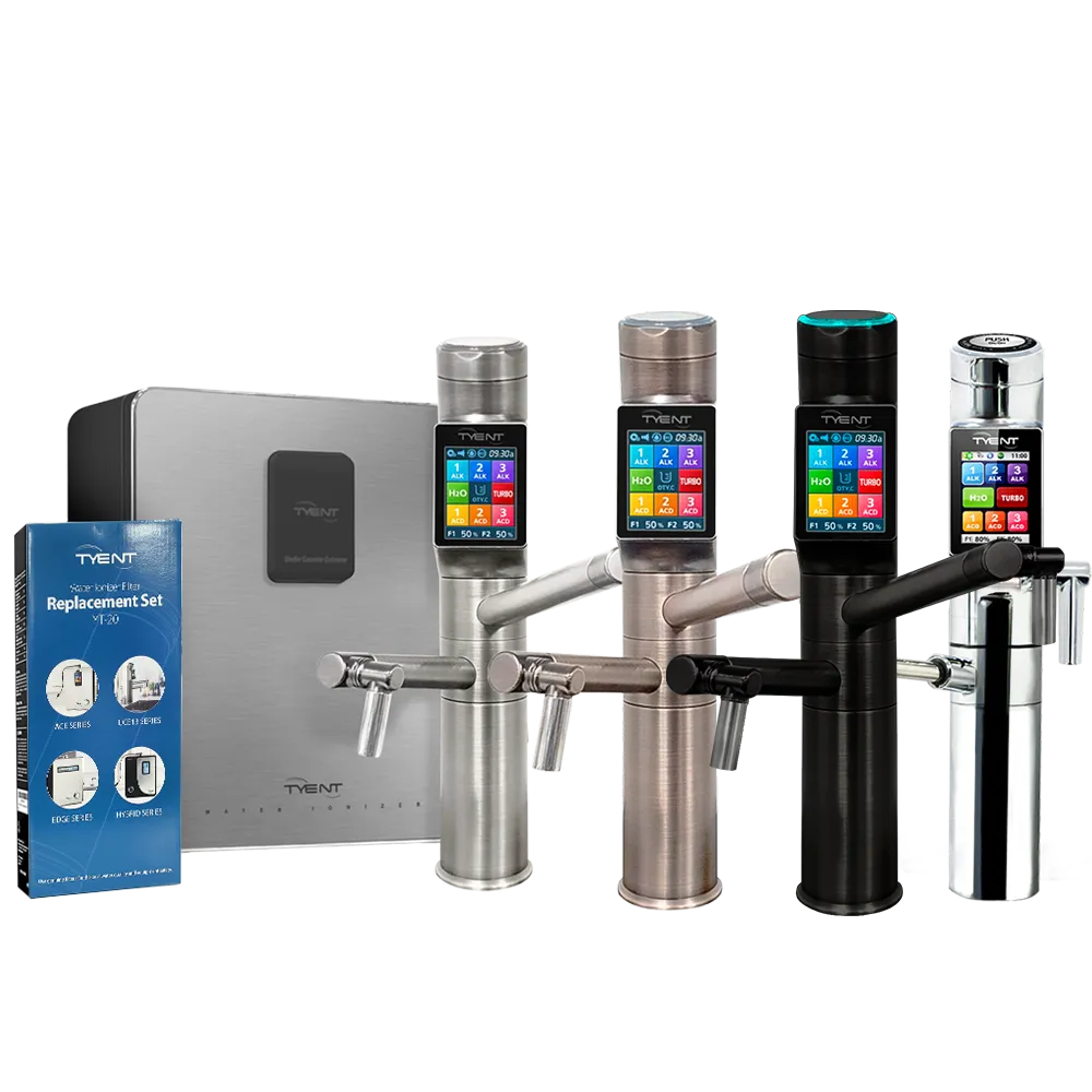 Tyent UCE-13 water ionizer filter replacement set shown with under-counter unit and multiple touchscreen faucet finishes
