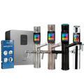 Tyent UCE-13 water ionizer filter replacement set shown with under-counter unit and multiple touchscreen faucet finishes