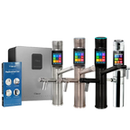 Tyent UCE-13 water ionizer filter replacement set shown with under-counter unit and multiple touchscreen faucet finishes