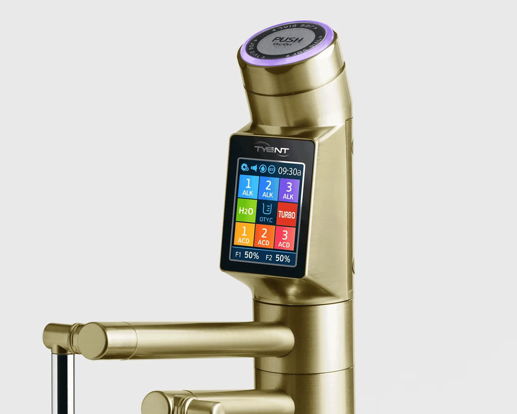 Tyent UCE-13 PLUS Gold touchscreen faucet close-up with alkaline, hydrogen, acidic and turbo water settings