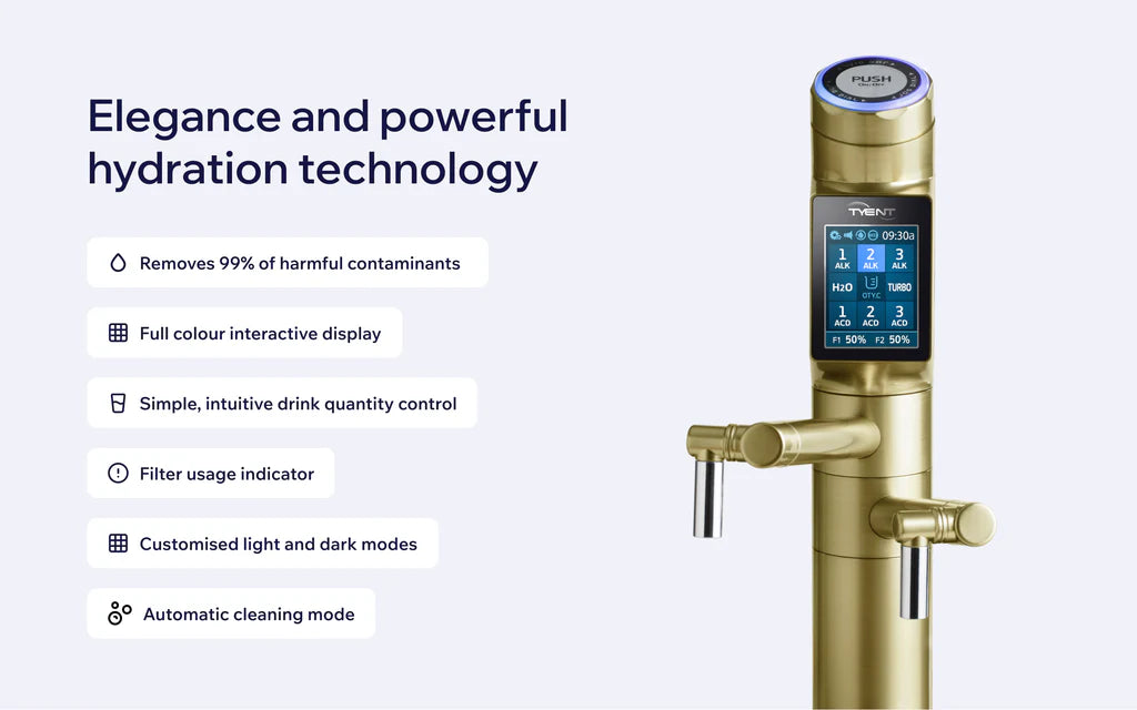 Tyent UCE-13 PLUS Gold water ionizer with interactive display, filter indicator and automatic cleaning mode