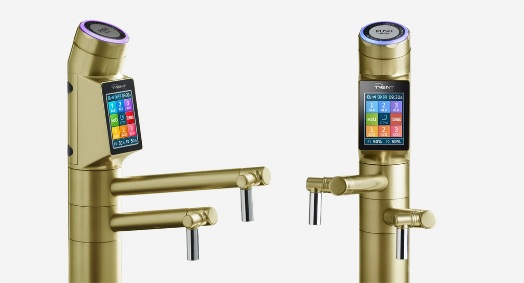 Tyent UCE-13 PLUS Gold touchscreen water ionizer faucet shown from front and side views