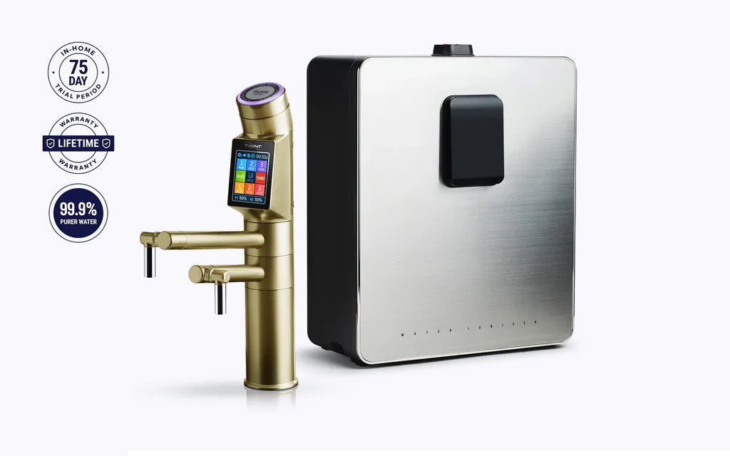 Tyent UCE-13 PLUS Gold built-in water ionizer with under-counter unit and warranty support badges