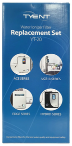 Tyent YT-20 replacement filter box showing compatibility with ACE, UCE13, Edge, and Hybrid Series water ionizers