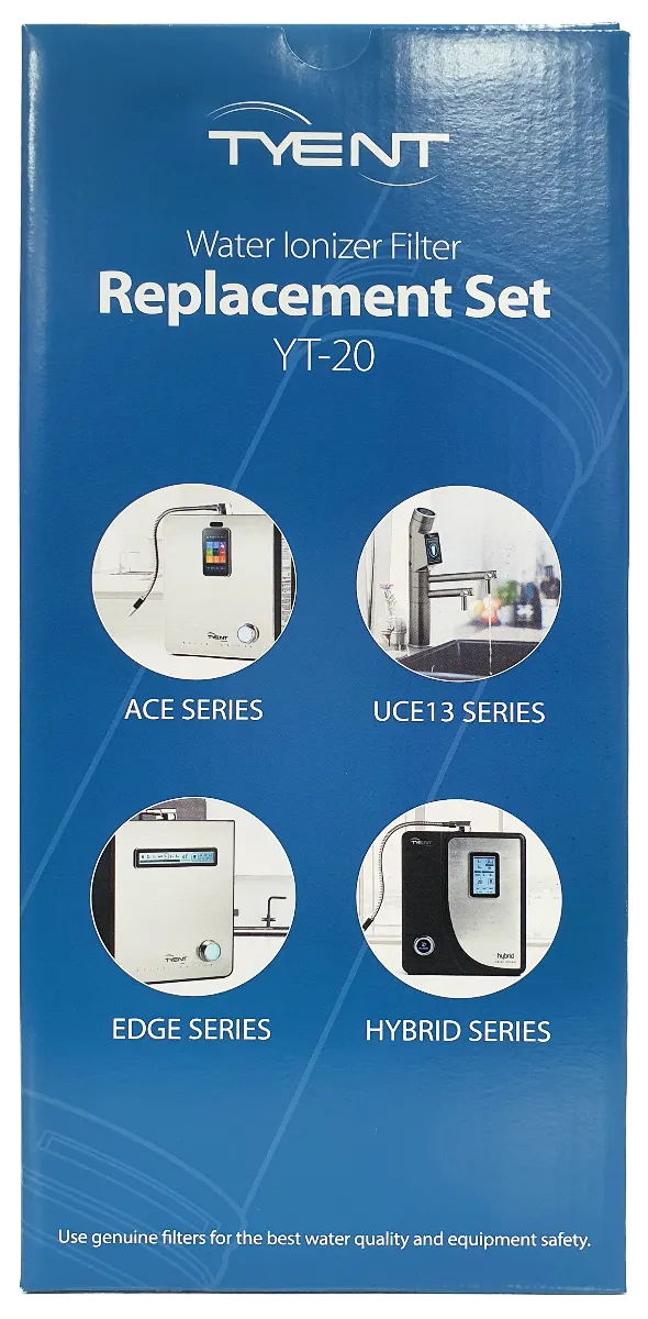 Tyent YT-20 replacement filter box showing compatibility with ACE, UCE13, Edge, and Hybrid Series water ionizers