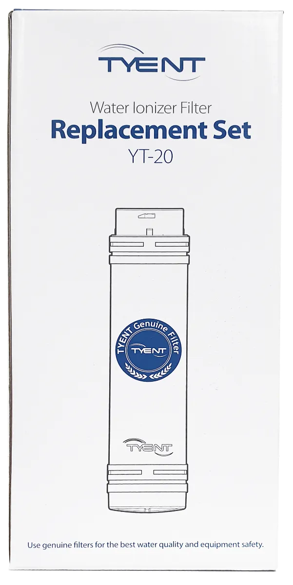 Tyent YT-20 water ionizer filter replacement set front box with genuine replacement filter cartridge graphic
