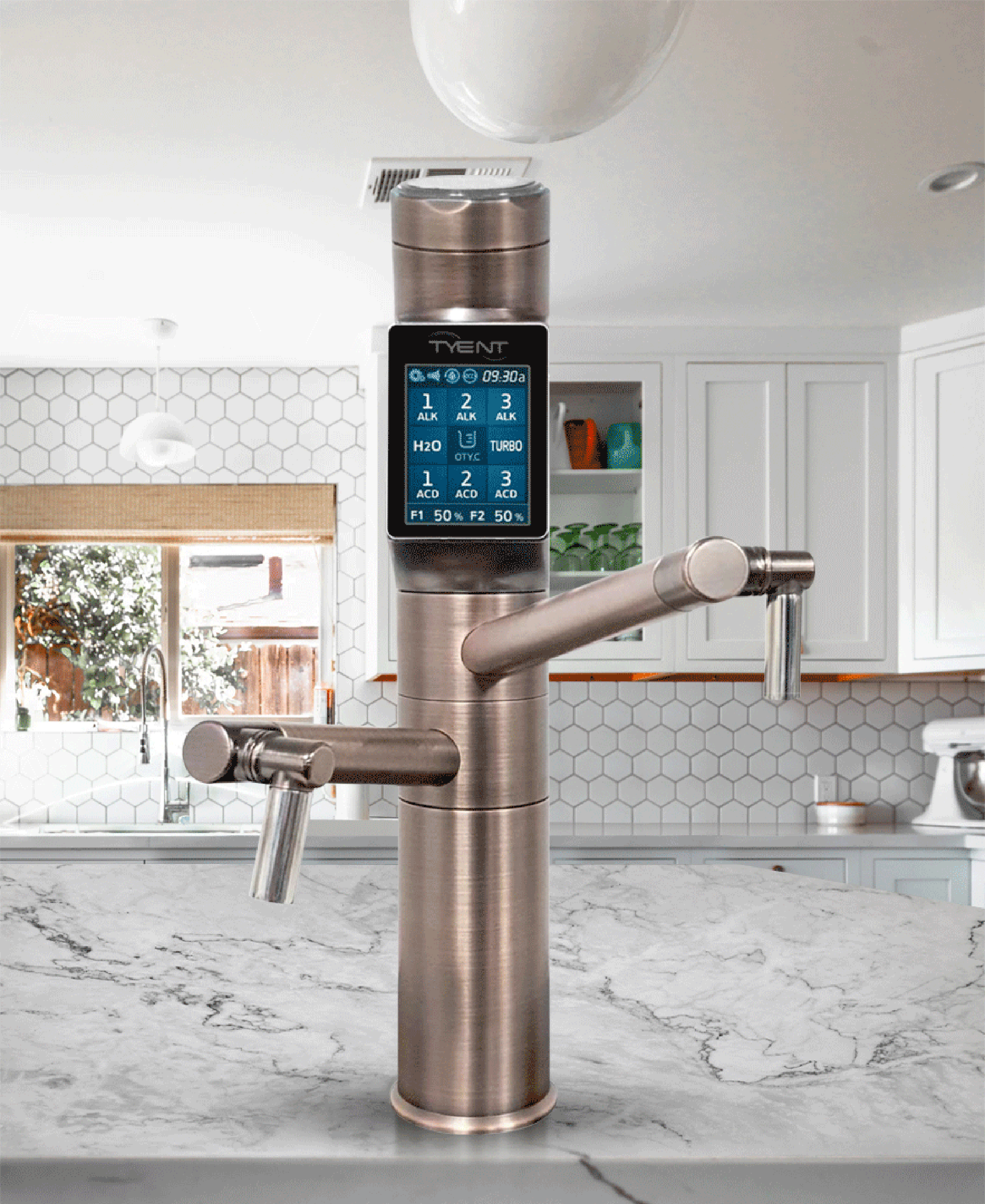 Tyent UCE-13 Plus Antique touchscreen water ionizer faucet shown on a marble kitchen countertop
