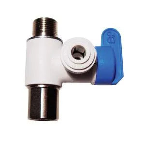 Under-sink angle stop valve connector with blue shutoff handle for water ionizer or filtration system installation