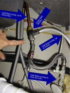 Under-sink cold water connection diagram showing diverter valve, faucet supply line, and water ionizer feed line